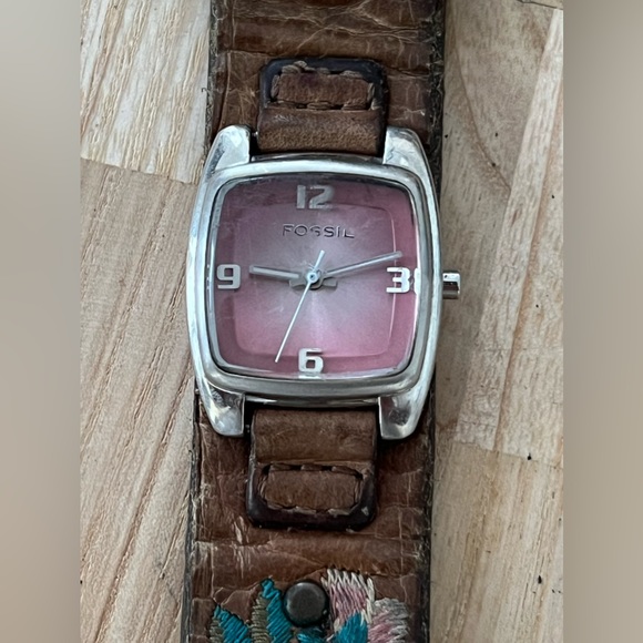 Fossil Ladies Watch Brown Embroidered Leather Strap Rectangular Pink Dial - Picture 4 of 12